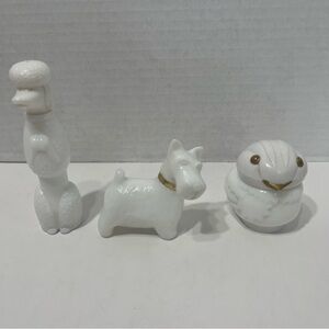 AVON Milk glass poodle and Scottie dog perfume bottles and bird cream sachett